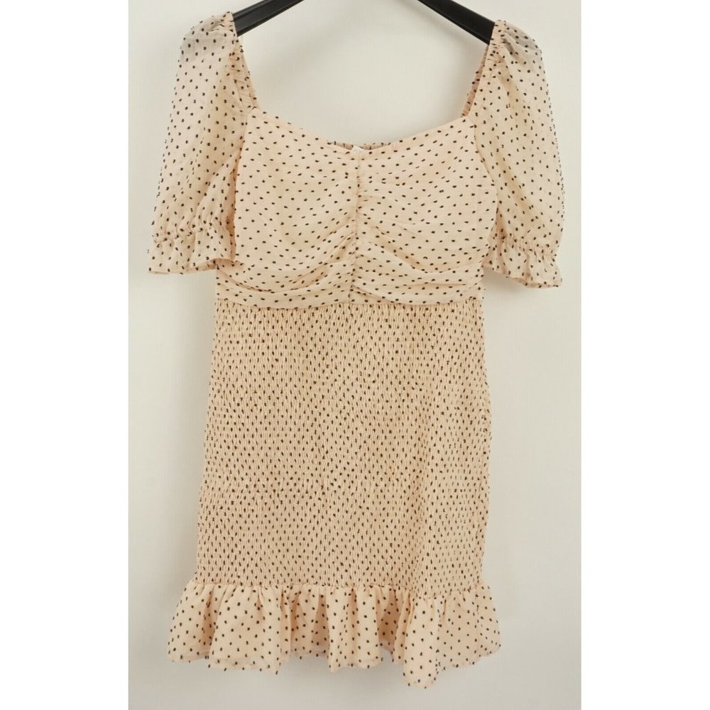 New 79$ ASTR Women's XL Blush Dot Smock Chiffon Sweetheart Puff Sleeve Minidress